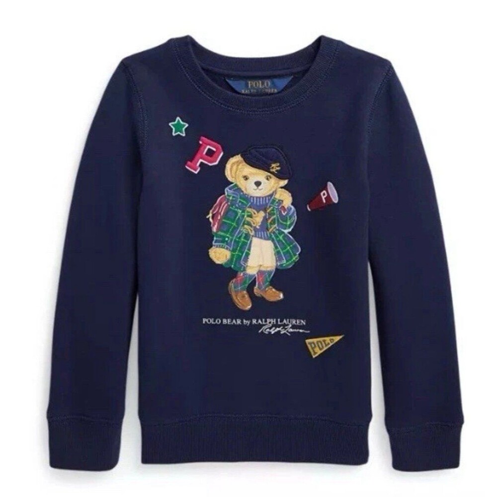 Ralph Lauren Girls polo bear sweat shirt preppy embroidered size L navy